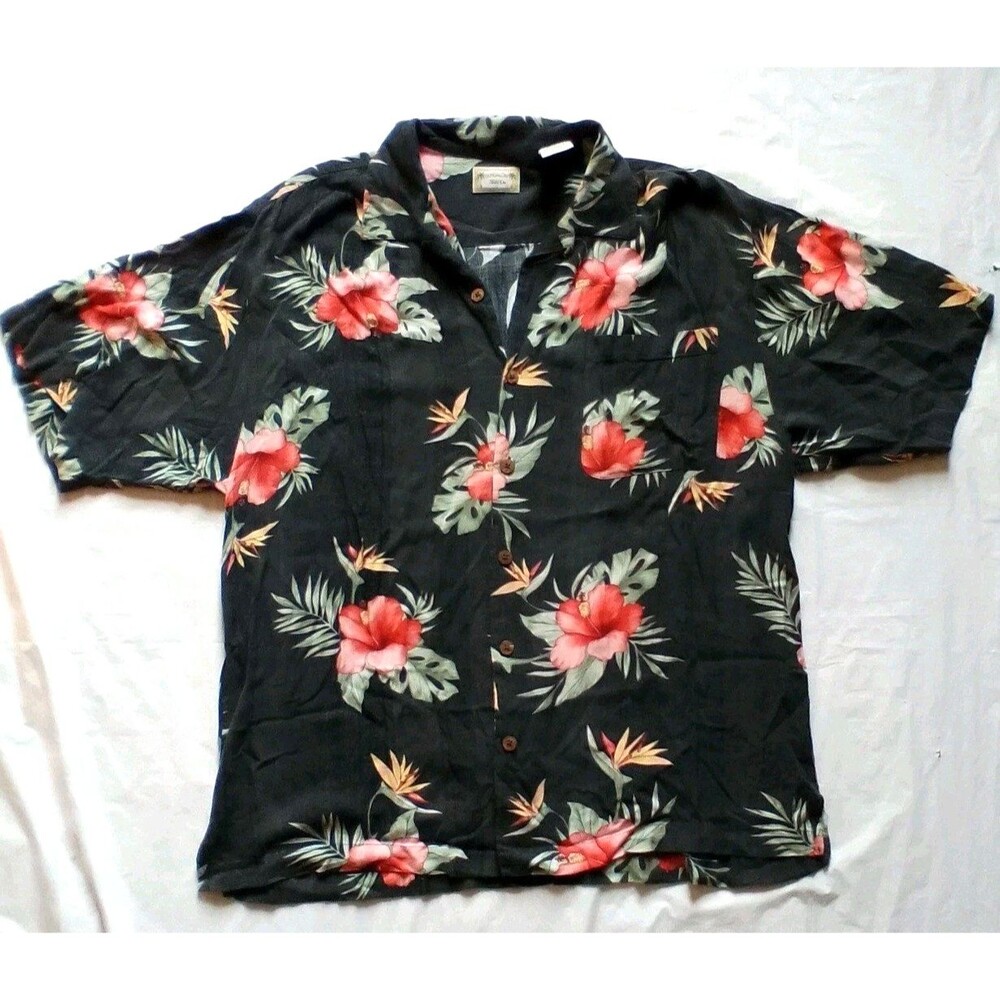 Bungalow Mens Hawaiian Shirt Large Black Tropical Short Sleeve Button Up Floral